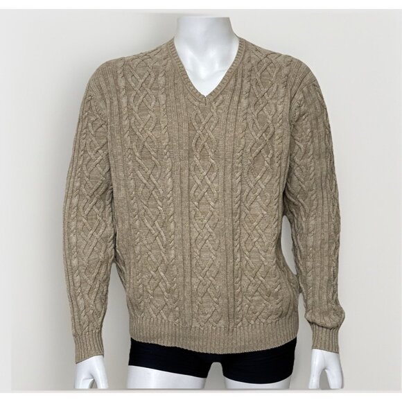 Tasso Elba Cable Knit Sweater Mens L Wheat 100% Cotton V Neck Heavy Pullover - Picture 1 of 9
